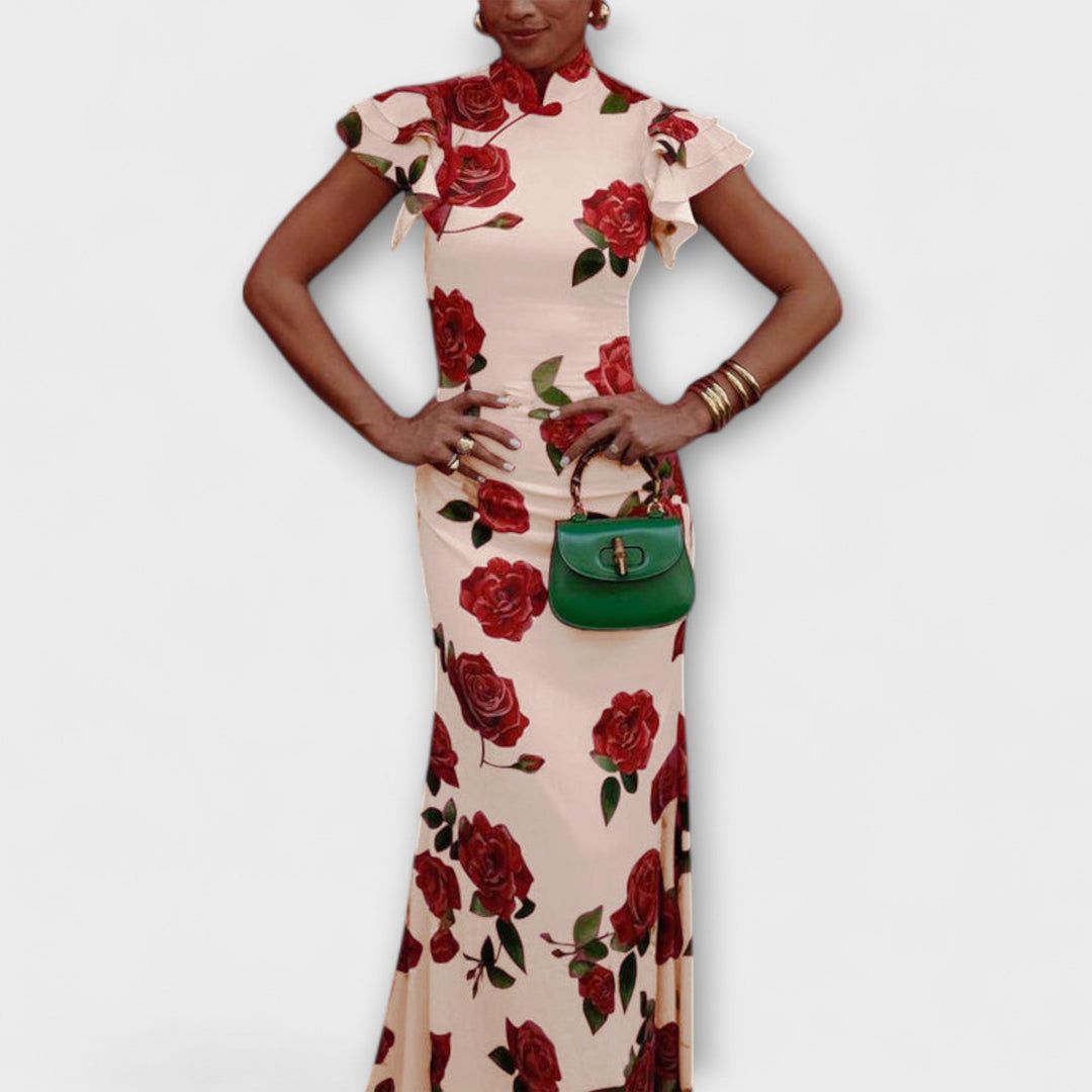 Luna - Robe Maxi avec Imprimé Floral, Découpe Étagée et Manches Cloche