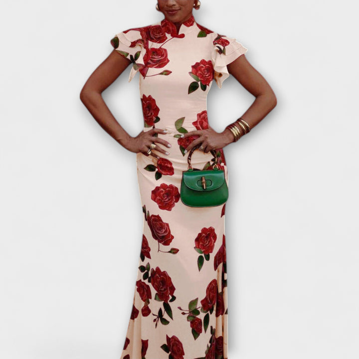 Luna - Robe Maxi avec Imprimé Floral, Découpe Étagée et Manches Cloche