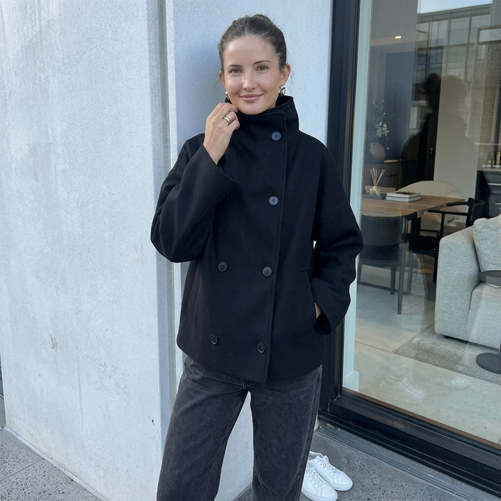 Manteau élégant femmes mélange de laine avec boutons – Vêtement d'hiver à col montant