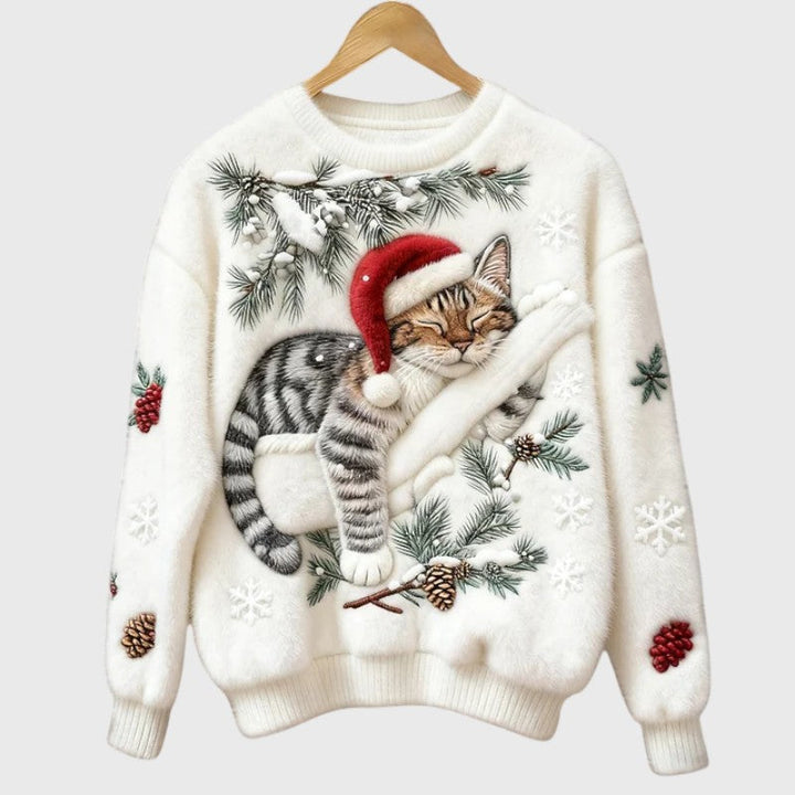 Stefany | Pull en peluche avec chat pour la saison festive