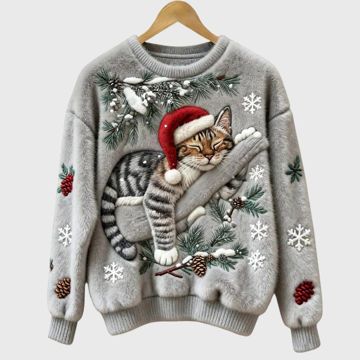 Stefany | Pull en peluche avec chat pour la saison festive
