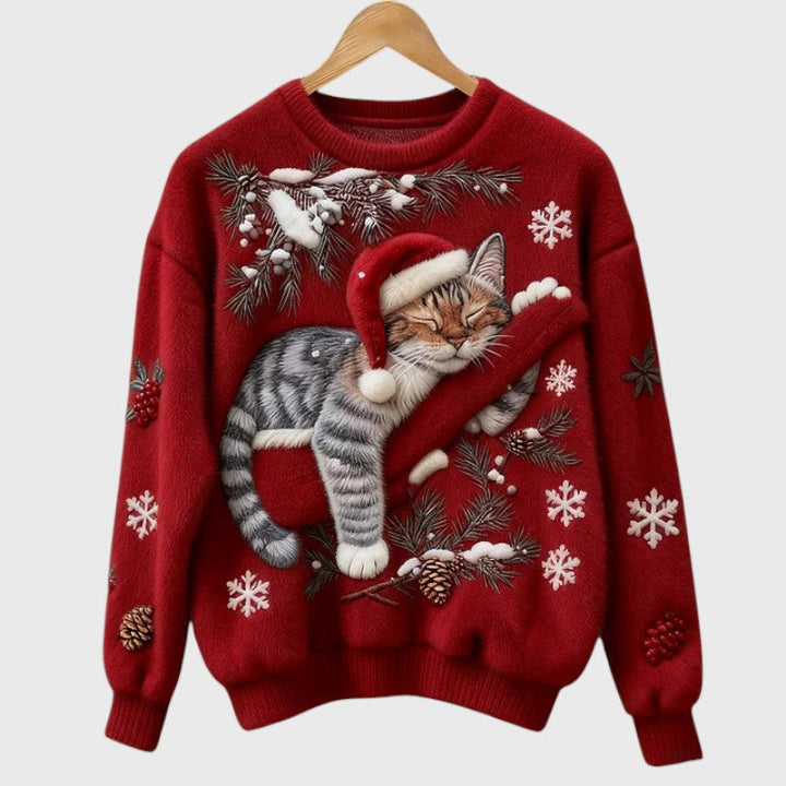 Stefany | Pull en peluche avec chat pour la saison festive