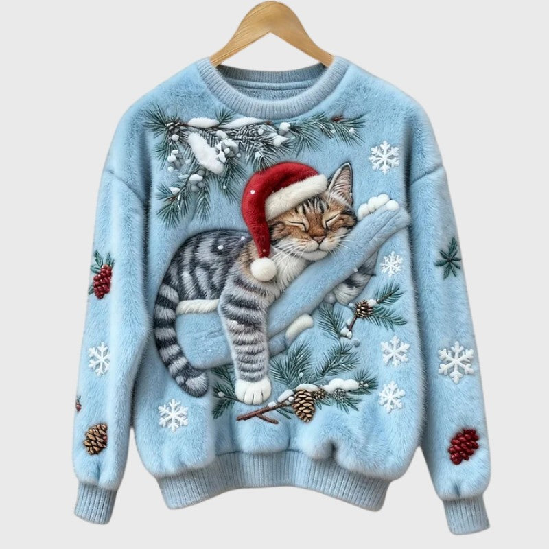 Stefany | Pull en peluche avec chat pour la saison festive