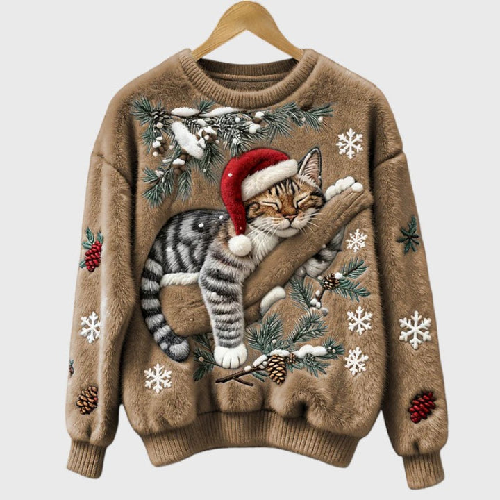 Stefany | Pull en peluche avec chat pour la saison festive