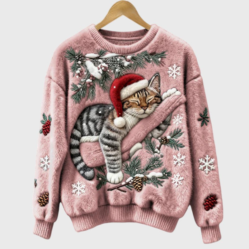 Stefany | Pull en peluche avec chat pour la saison festive