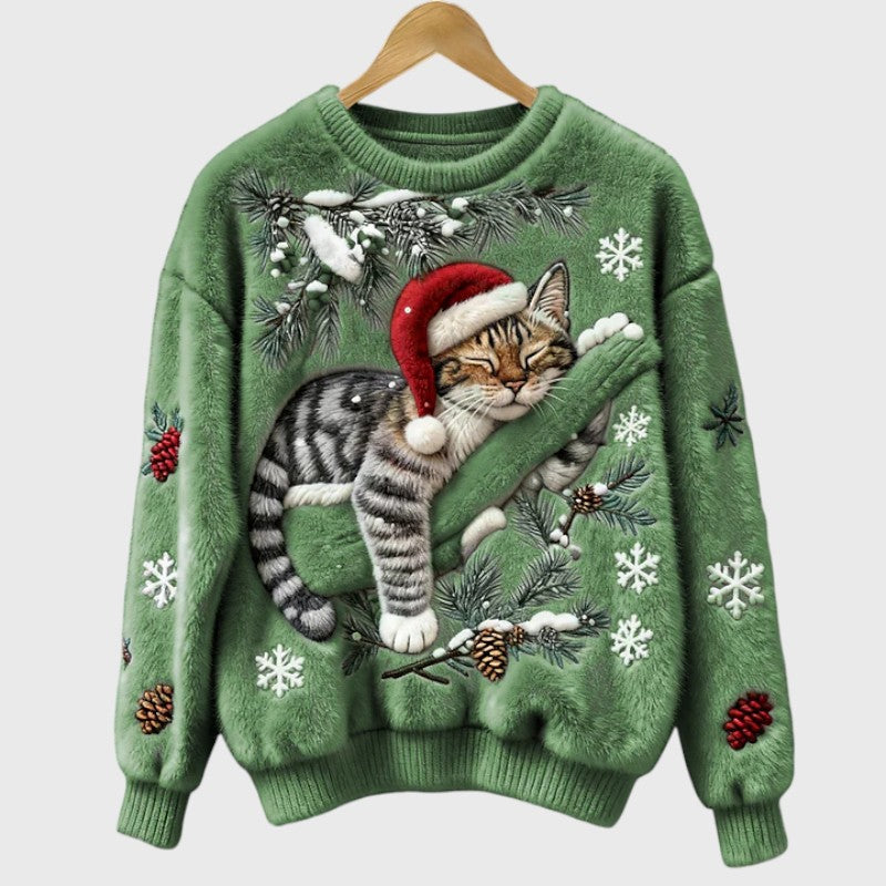 Stefany | Pull en peluche avec chat pour la saison festive