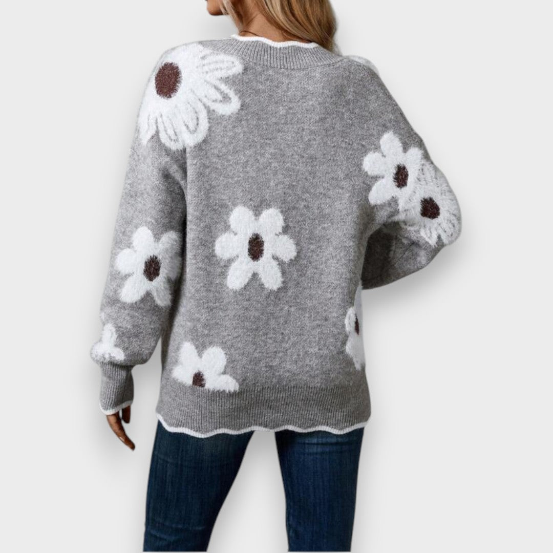 Aline | Pull Élégant avec Col en V et Motif Floral
