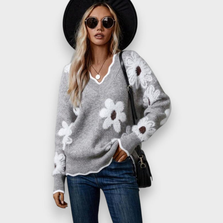 Aline | Pull Élégant avec Col en V et Motif Floral