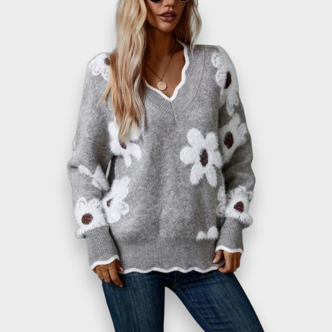 Aline | Pull Élégant avec Col en V et Motif Floral