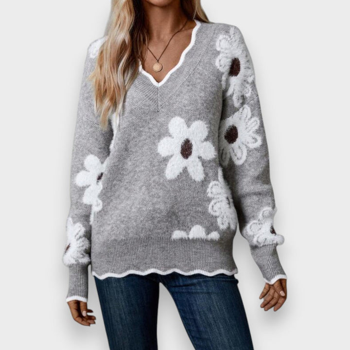 Aline | Pull Élégant avec Col en V et Motif Floral