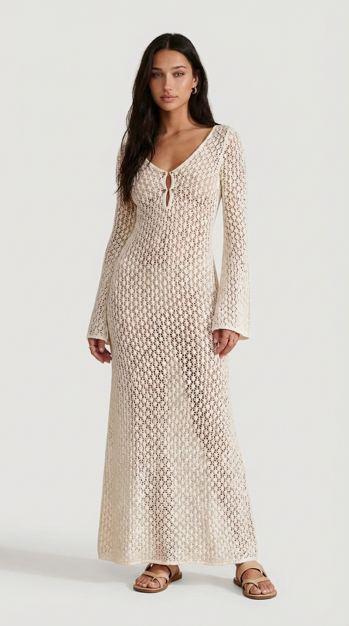 Robe Maxi à Manches Longues en Maille Ouverte Elara
